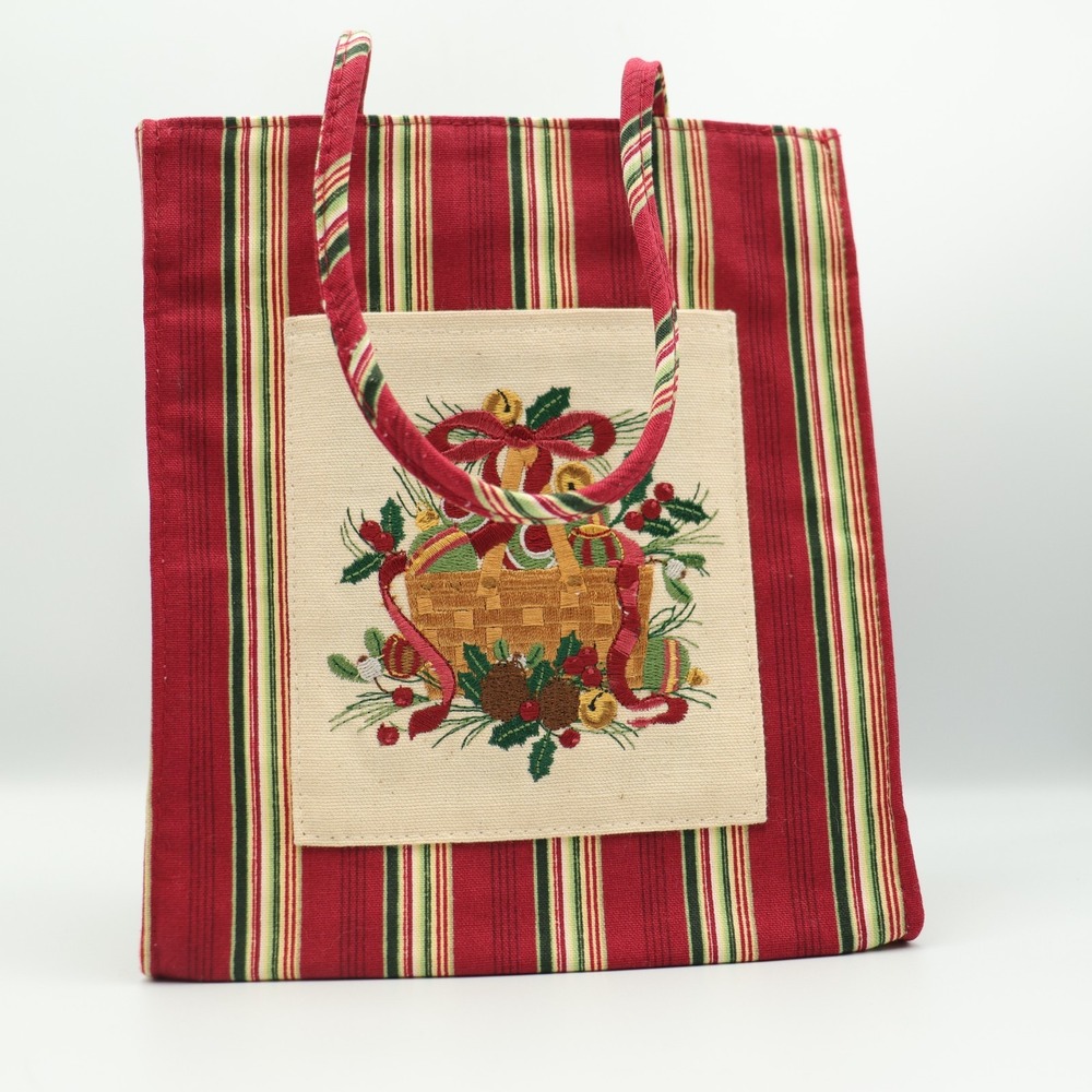 Longaberger Christmas Fabric Gift Bag Tote Holiday Holly Ribbon Basket Bells